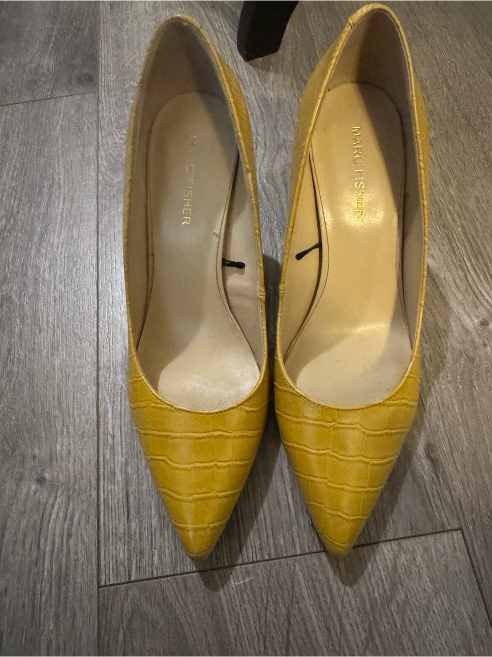 Marc Fisher Mustard Croc-Embossed Pointed Toe Pumps